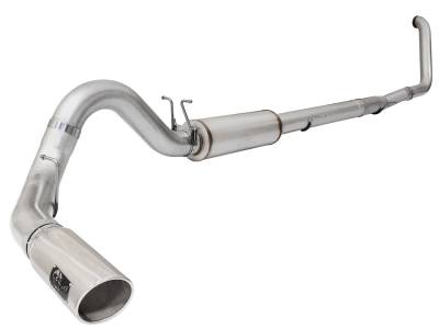 aFe Large Bore-HD 5 IN 409 Stainless Steel Turbo-Back Race Pipe w/Muffler/Polished Tip Ford Diesel Trucks 99-03 V8-7.3L (td) - 49-43075-P